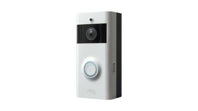 A sleek, modern video doorbell showcasing advanced security features on a transparent background.