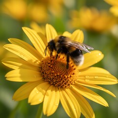 A fluffy bumblebee, diligently collecting nectar from a yellow daisy flower