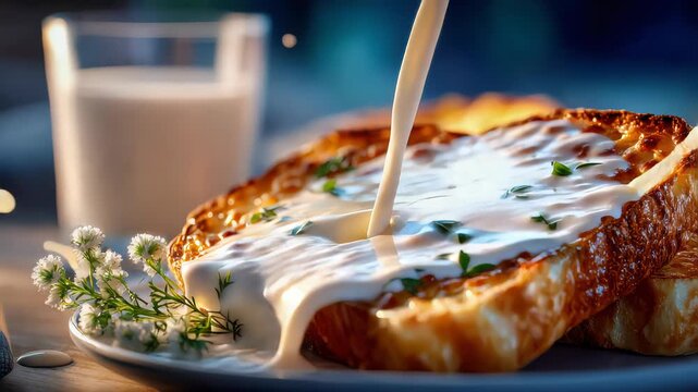 Golden toast topped with melting butter and milk splash in motion, creating a warm and inviting breakfast atmosphere