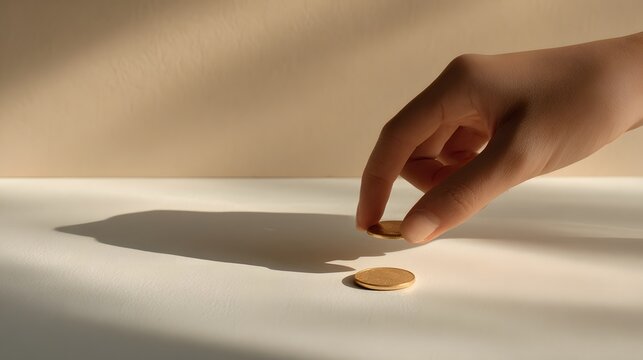 Human hand carefully places small golden circular objects onto a light surface with dramatic shadows