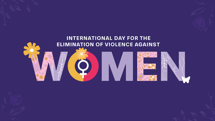 Vector art of international day for the elimination of violence against women text with female symbol and decorative elements on a purple background