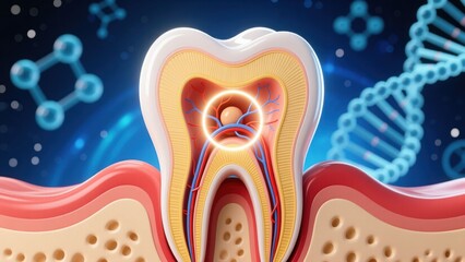 The tooth layers with glowing pulp shown in scientific cross section for learning tooth decay or sensitivity