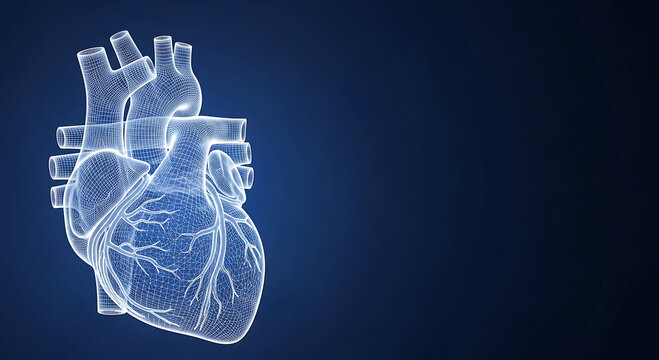 Wireframe human heart anatomy with blue background and copy space medical health