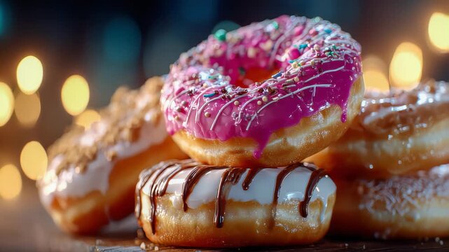 Stack of colorful glazed donuts with sprinkles and chocolate drizzle, creating a tempting dessert scene