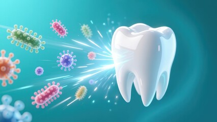 A tooth facing a colorful germs showing oral hygiene risk tooth decay or sensitivity