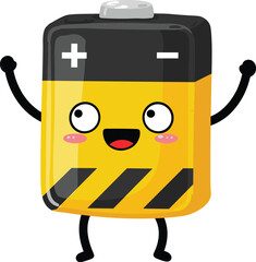Cartoon battery character, happy energy mascot, cute power cell illustration, smiling battery vector, renewable energy concept, eco friendly design, cad drawing flat vector illustration