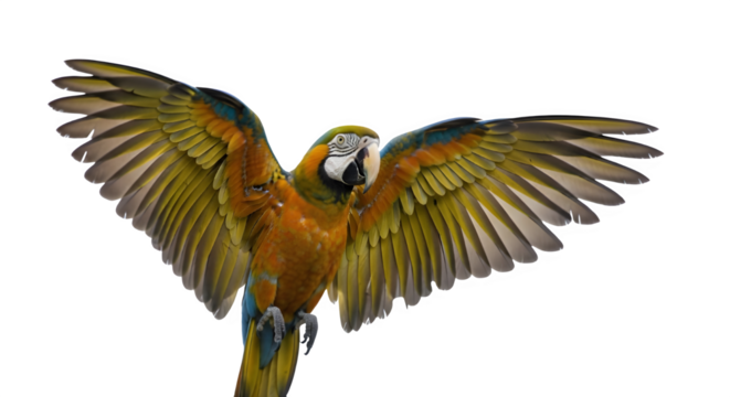 Colorful macaw parrot with wings spread isolated on transparent background