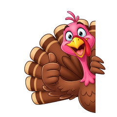 cheerful, anthropomorphic cartoon turkey with pink head, yellow beak, and brown feathers, smiling broadly, raising wing in a thumbs-up gesture, peeking from a transparent studio background,