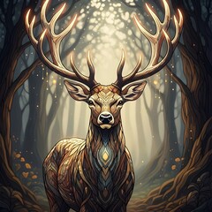 Majestic deer with large antlers in a magical forest illustration