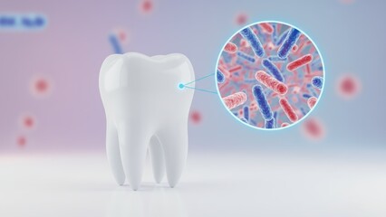 A upright tooth with magnified bacteria showing plaque and early damage, teaching oral health awareness and tooth decay or sensitivity