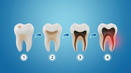 The four step decay chart from small enamel mark to deep pain area, showing progression of tooth decay or sensitivity in clear medical stages
