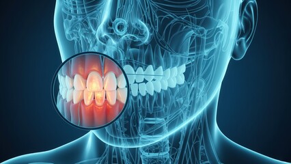 The transparent head with inflamed gum area highlighting pain and tooth decay or sensitivity in a clean digital anatomy display