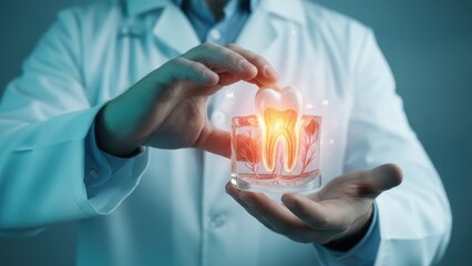 The doctor hands holding a glowing tooth model showing root pain and infection, representing tooth decay or sensitivity in modern care