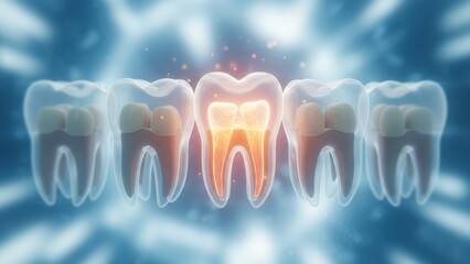 A row of teeth with one glowing tooth showing inner tissue warmth, illustrating tooth decay or sensitivity in a futuristic medical view