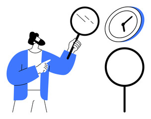 Male figure in blue jacket holding magnifying glass pointed at a clock representing analysis, focus, and time management. Ideal for productivity, research, efficiency, organization, planning