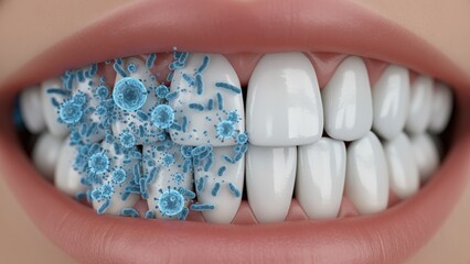 The white teeth with blue bacteria buildup on gumline, showing infection and oral care needs linked to tooth decay or sensitivity