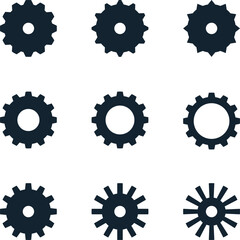Set of Black Gear and Cog Icons, Industrial and Mechanical Symbol Collection