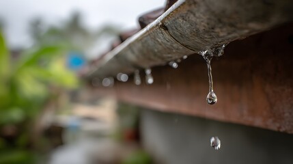 Water drips from the edge of a weathered rooftop gutter during overcast weather