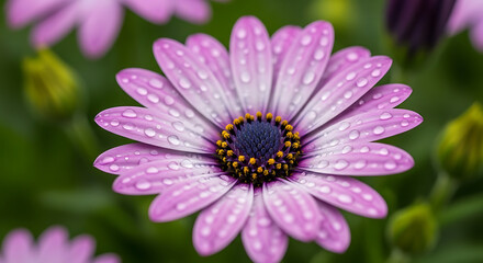 Obraz premium Close up shot of a purple and white daisy with water droplets on its petals