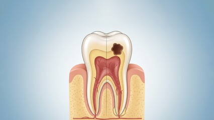 The split molar showing a healthy and inflamed pulp side by side to explain tooth decay or sensitivity in clear medical form