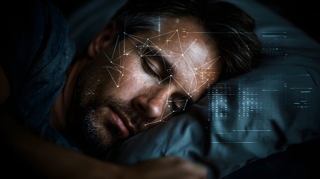 Sleeping man's face is overlaid with digital network patterns suggesting brain activity monitoring