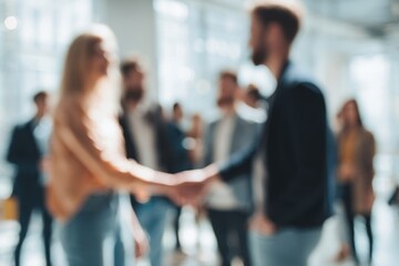 Blurred business people shaking hands indoors with bright background light.