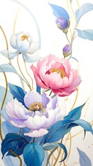 Delicate watercolor blossoms with blue leaves and gold details high resolution picture
