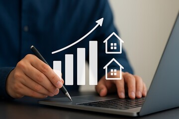 expansion in the real estate market when interest rates rise. An increasing graph and home icons, representing real estate investment and housing trends, are displayed by a person writing on a laptop.