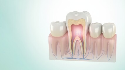 The tooth cross section showing glowing pulp and nerve paths teaching inner structure and tooth decay or sensitivity awareness