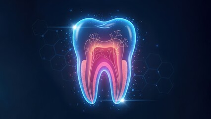 A glowing tooth cross section with neon anatomy highlighting internal pain linked to tooth decay or sensitivity in a modern style