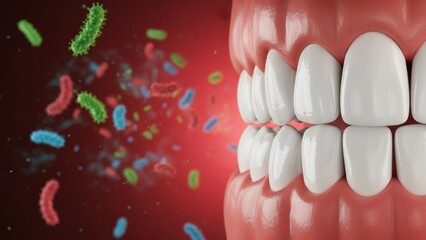 The clean white teeth beside colorful germs on red background showing oral hygiene contrast and tooth decay or sensitivity awareness
