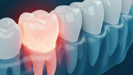 The row of molars with one glowing painful tooth highlighting inflammation and tooth decay or sensitivity in a clinical blue scene