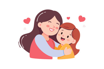 happy cute kid girl hugging mom love .vector icon
