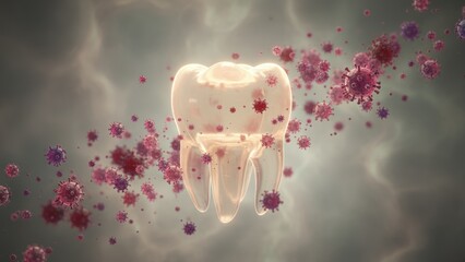 A glowing tooth surrounded by drifting microbes showing infection risk and tooth decay or sensitivity in a soft surreal medical mood