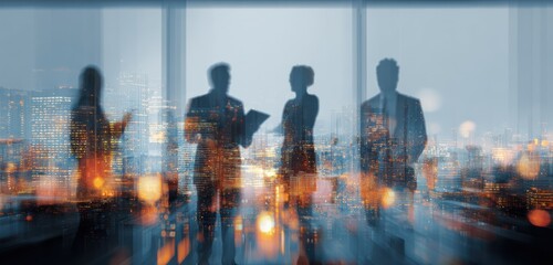 Silhouettes of business people overlaid on a bright city nightscape view.