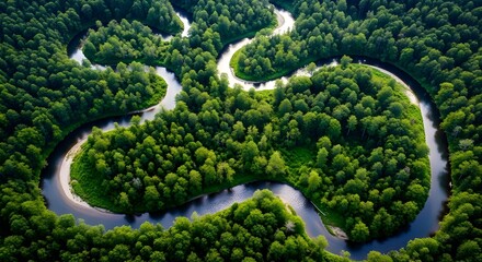 Aerial view of a winding river through a lush green forest landscape
