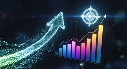 Dynamic growth illustration, Energetic upward arrow alongside vibrant multiline graph