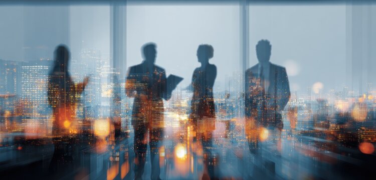 Silhouettes of business people overlaid on a bright city nightscape view.