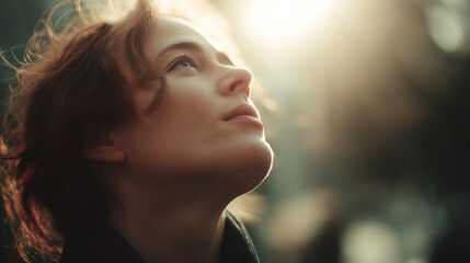 Young woman with red hair gazes upward towards sunlight.