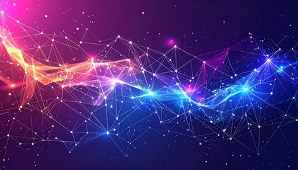 Abstract digital network flowing with bright colors and connected dots