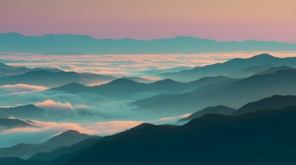 Obraz premium Layered mountain ranges stretch beneath a pastel sky above a thick blanket of low-lying fog.