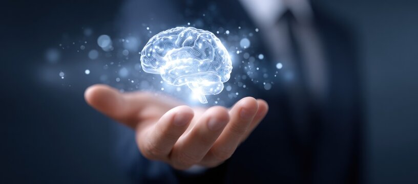 Glowing digital brain hologram floats above an open human hand.