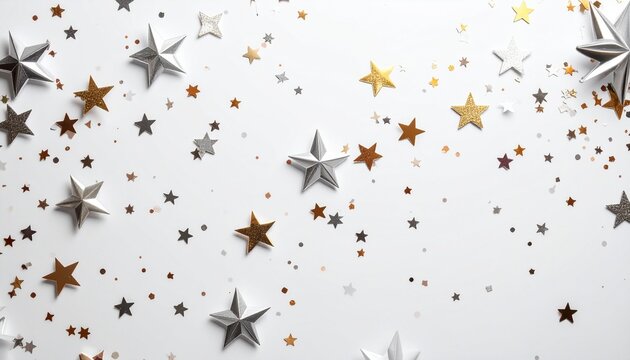 Paper stars and confetti on white background