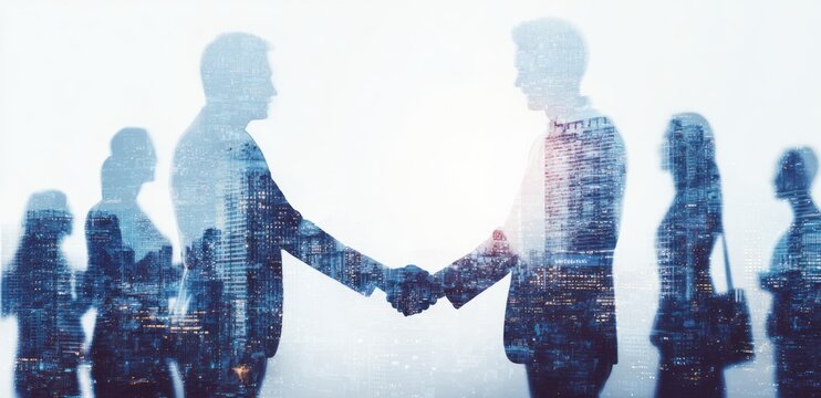 Business people silhouettes double exposed with a glowing city skyline at night