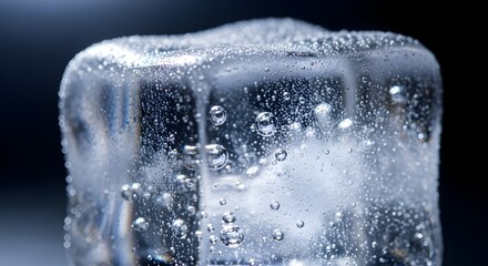 Closeup of a single ice cube with air bubbles against a dark background