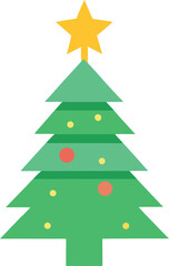 Christmas tree vector with glowing star and ornaments flat colorful design