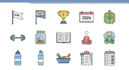 Minimal New Year Resolution Icons 2026 | Wellness & Productivity Vector Set