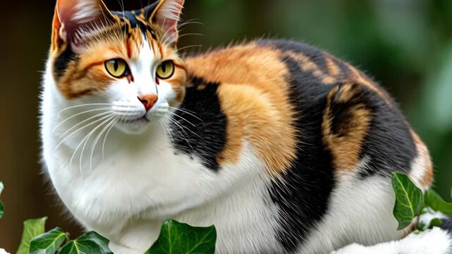 Beautiful calico cat resting outdoors among green leaves on a sunny day with vibrant colors and soft fur