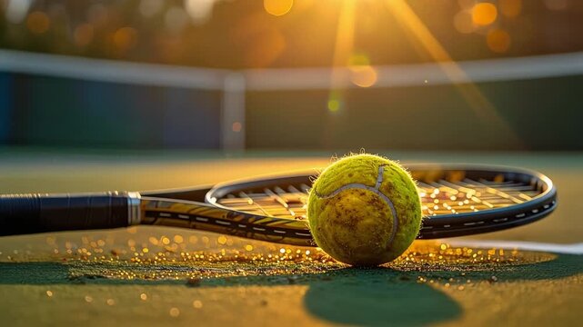 AI cinematic video capturing a worn tennis ball and racket resting on a damp court, bathed in golden sunrise or sunset light. The soft reflections and bokeh background evoke a quiet, focused moment