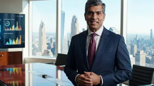 Man in suit presenting in boardroom with skyline view using data display